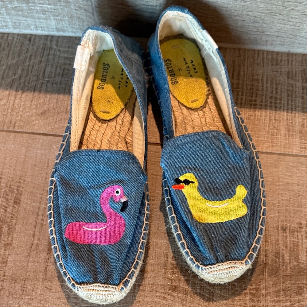Soludos Denim Espadrilles Mary Madison Embroidered Pink Flamingo Yellow Duck 7